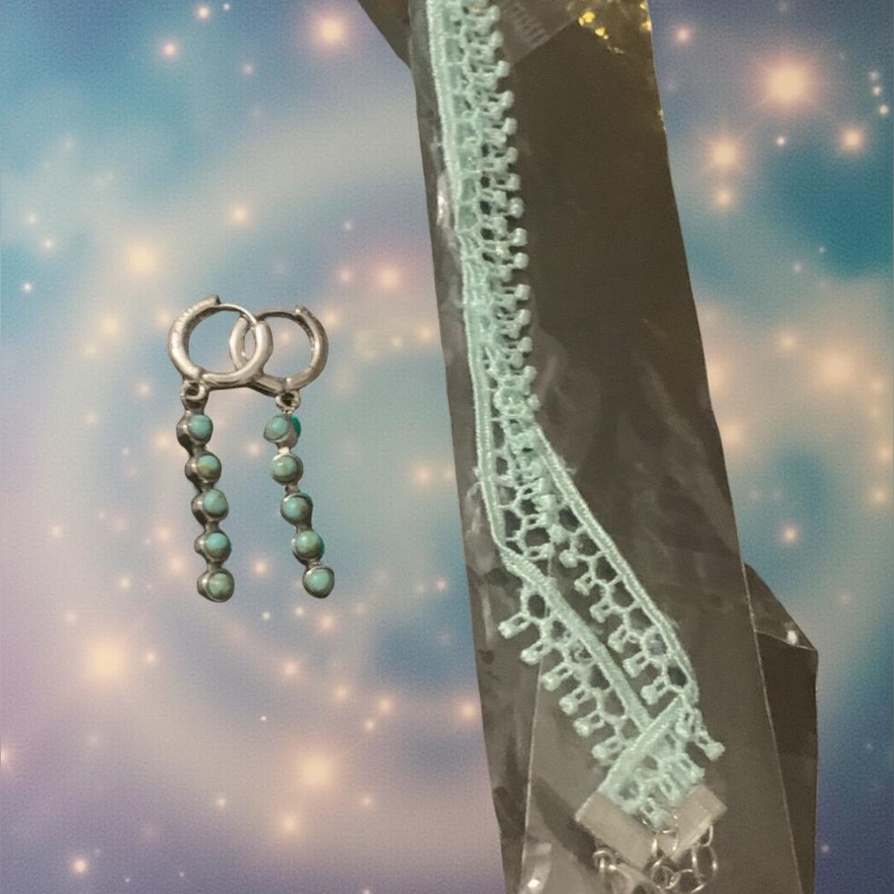 Turquoise Beaded Silver Earrings with Lace Choker